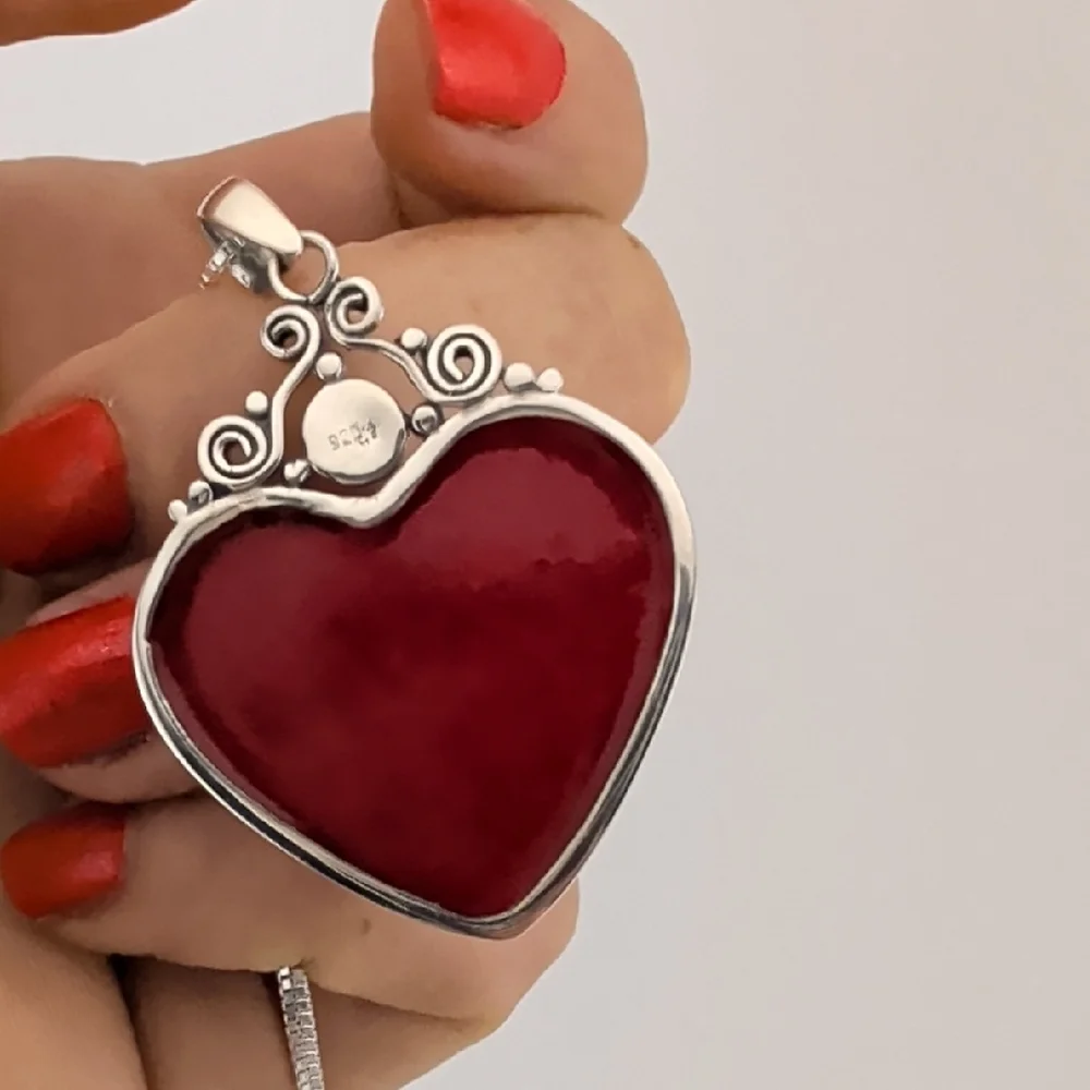 Sterling Silver Heart Pendant Necklace with Red Center - Picture 5 of 6